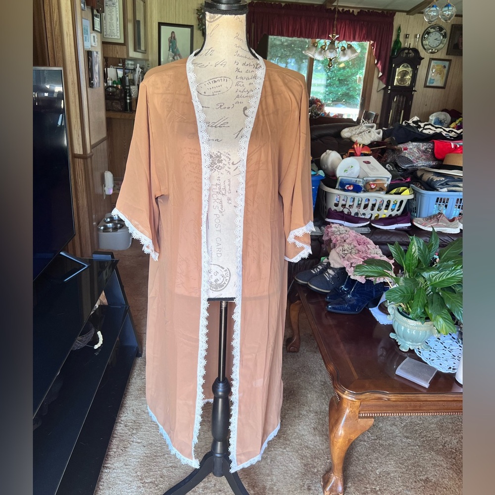 NWT LuLaRoe Womens Chloe Kimono Sz S Brown w White Lace Trim Short Sleeve NWT - Picture 8 of 16